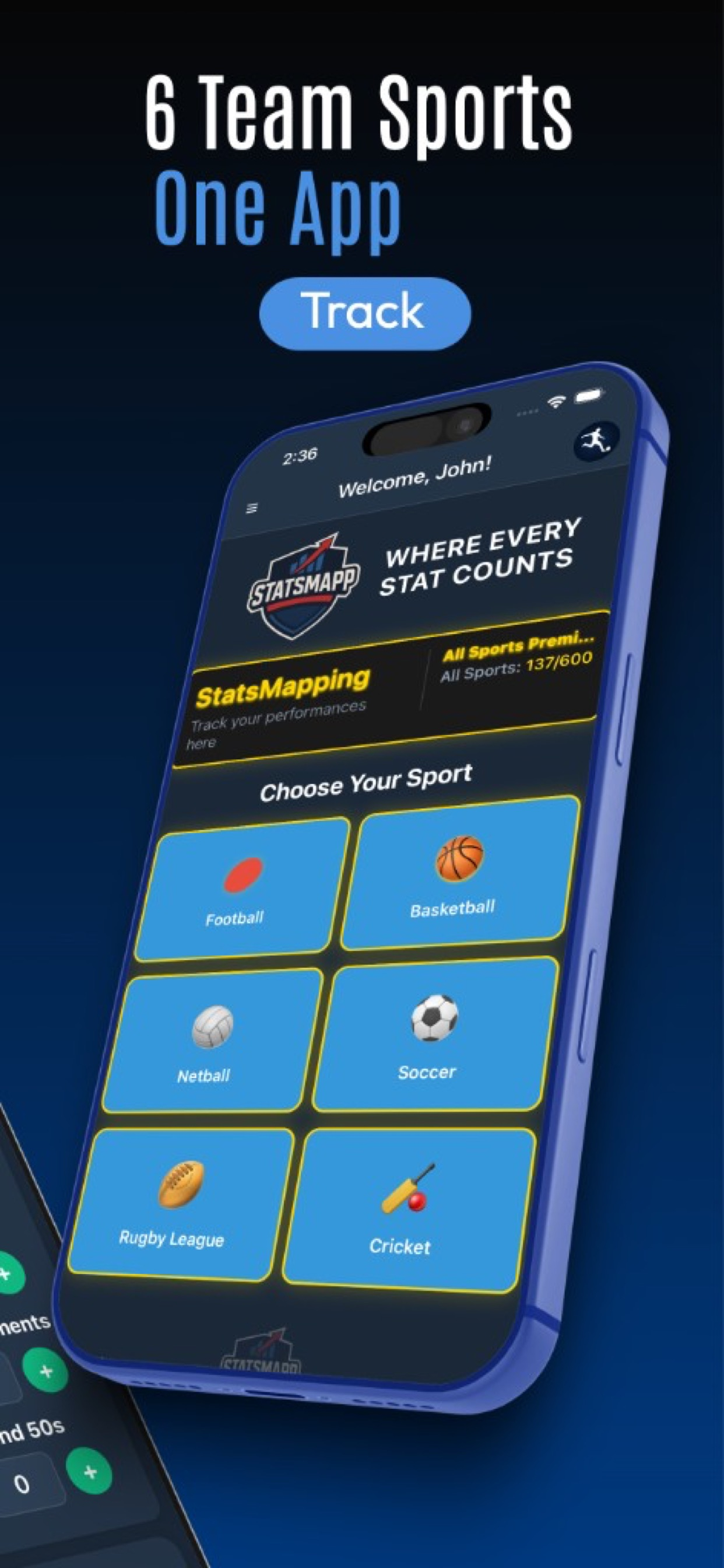 StatsMapp home screen showing all six sports
